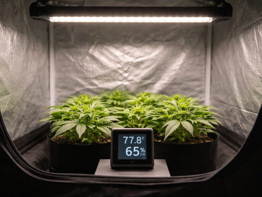 LED grow light over seedlings with a canopy-height thermometer/hygrometer inside a clean grow tent.