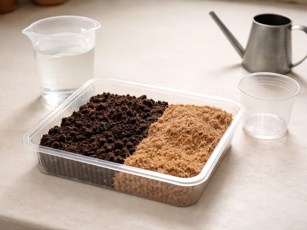 Close-up of soil and coco coir in a tray with a clear dosing container for watering routine.