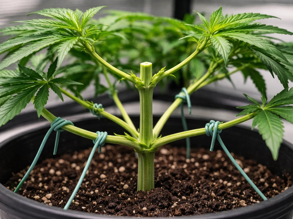 Close-up of a potted plant showing a topped branch cut and tied lower stems spreading growth.