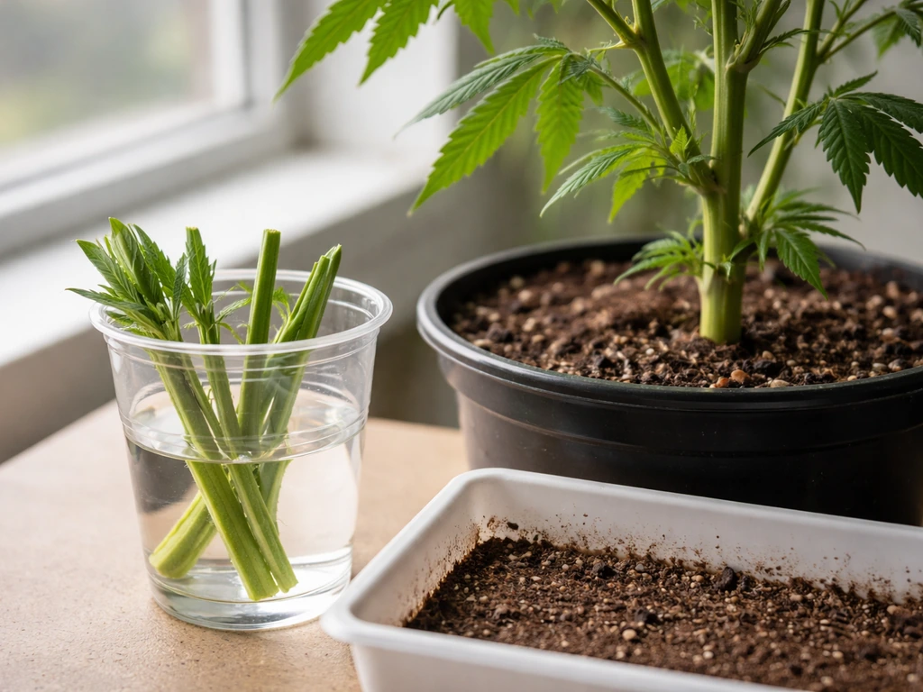 Close-up of a mother plant with fresh side shoots and a simple cutting test setup in a small tray.
