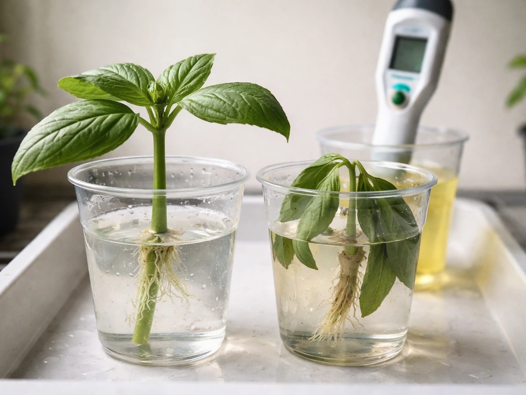 Close-up of healthy vs water-logged cuttings beside a pH meter probe in clear solution.