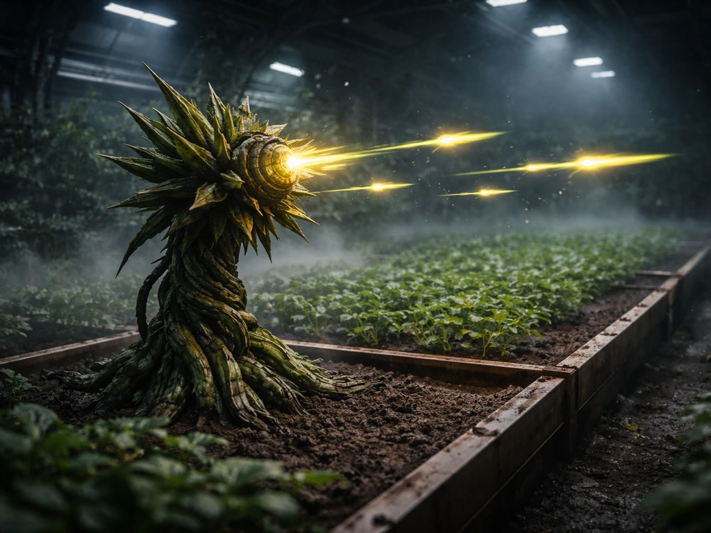 Futuristic crop plot with a combat plant turret spraying spike projectiles in an in-game garden.