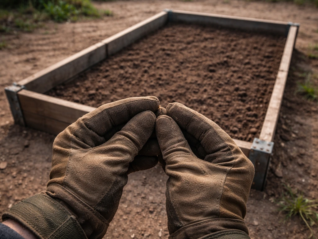 Close-up of gloved hands holding a seed next to a large crop plot in a simple outdoor garden bed.