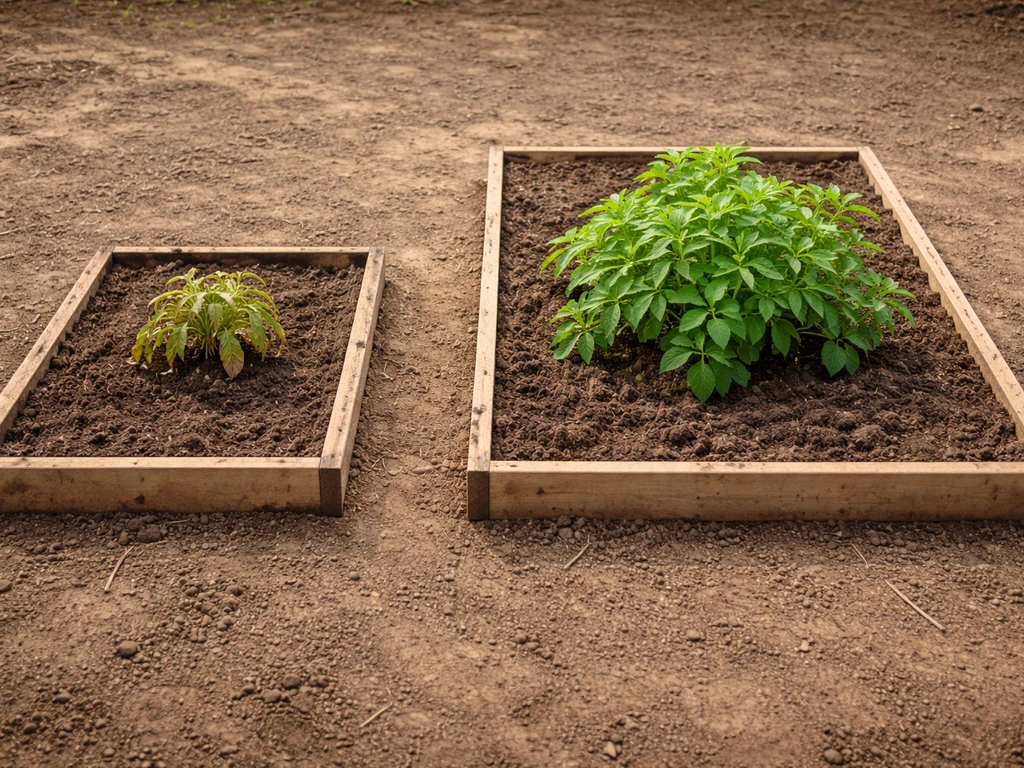 Split garden plots: healthy plant in a large bed, stressed plant in a smaller bed.