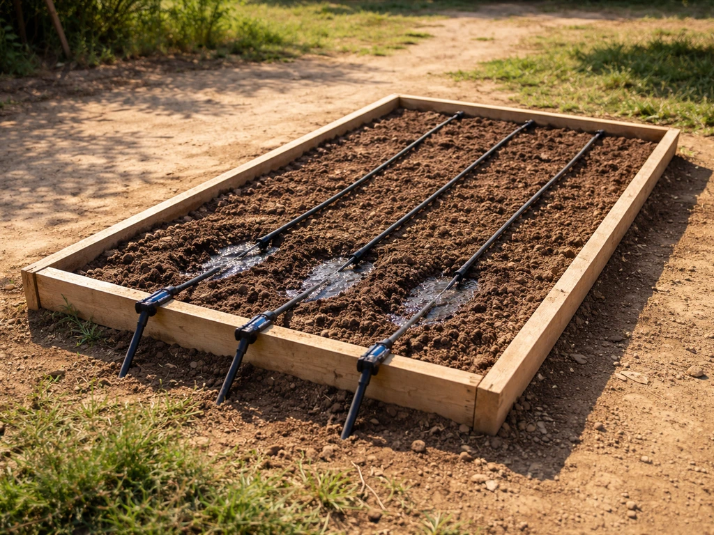 Rectangular crop plot with visible irrigation points and water trickle, lit and shadowed sides showing ideal conditions