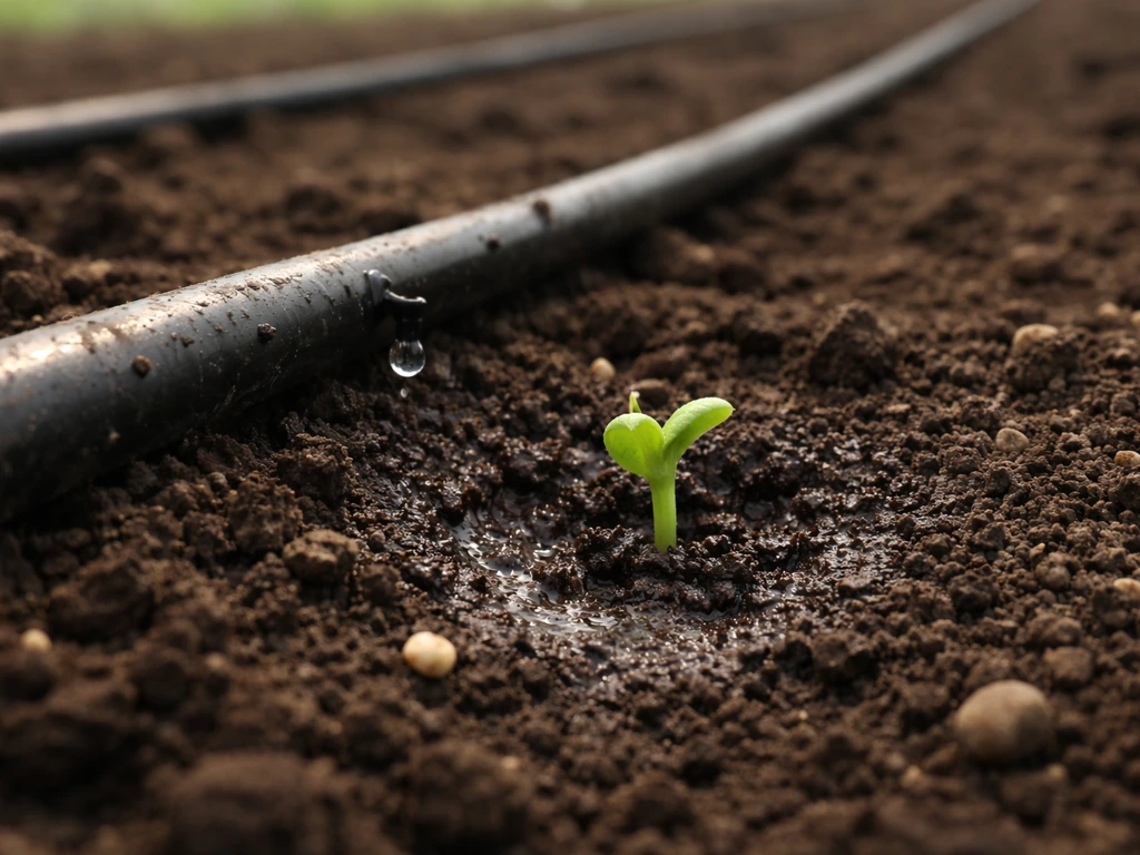 Close-up of a seedling in a large crop plot with a simple drip irrigation hose watering nearby soil