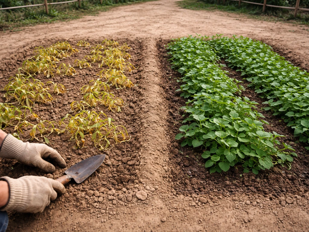 Two side-by-side crop plots: one yellow and dry, one healthy and green, inspected by gloved hands.