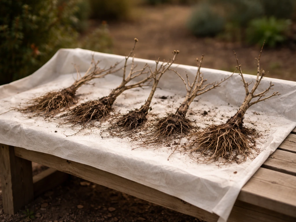 Multiple bare-root plants with exposed roots laid on a tarp/bench, ready to soak and plant