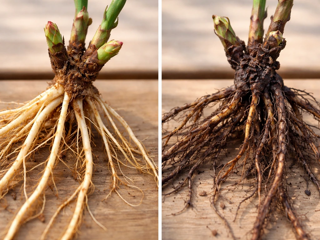 Side-by-side close-up of healthy vs poor bare-root plant stock showing firm roots and viable buds.