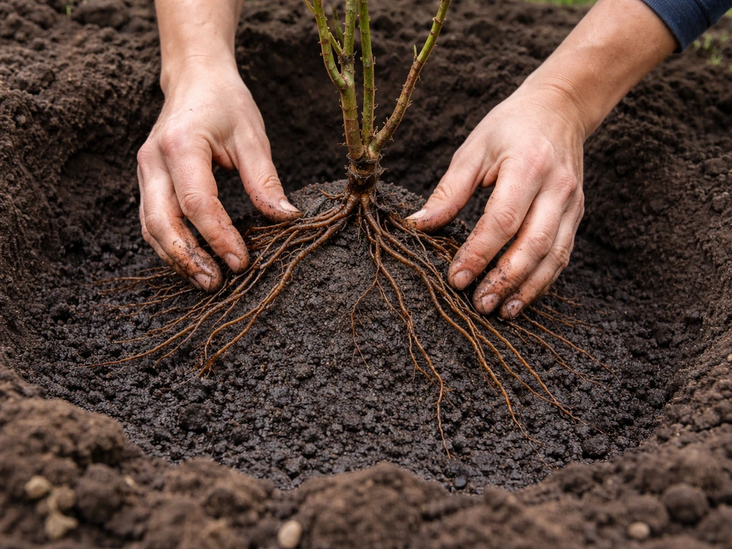 Gardener hands spread soaked bare-root roots over a soil mound and set collar depth correctly.