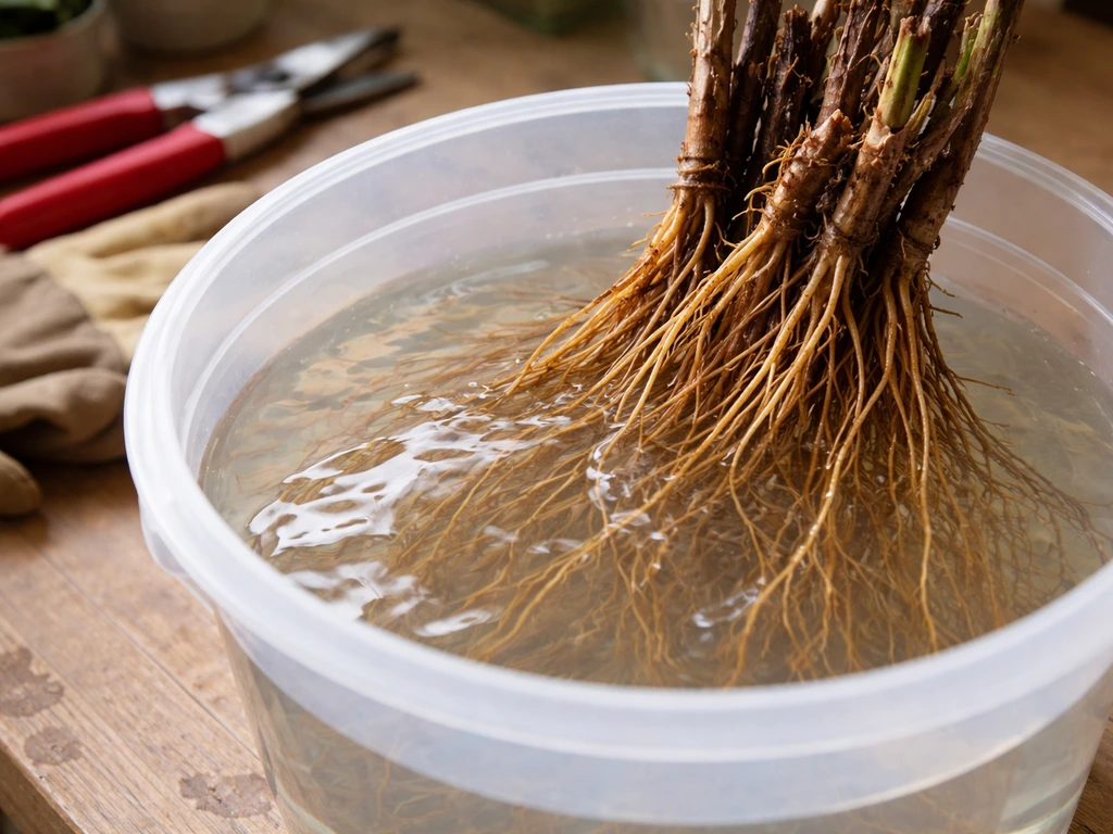 Bare-root plant roots soaking in a bucket of plain water, rehydrating after shipping.