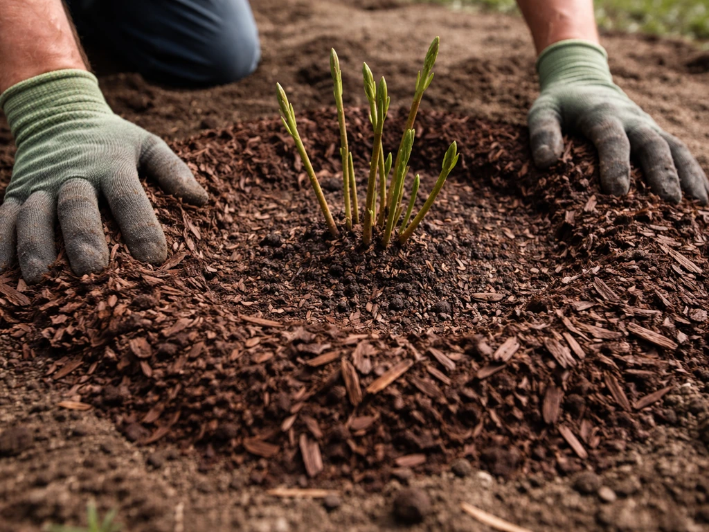 Fresh mulch applied in a ring around a newly planted bare-root plant with shoots visible above.