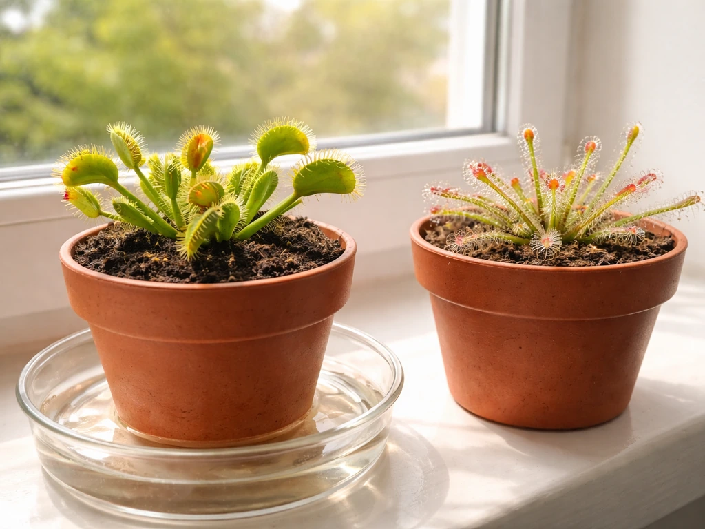 Healthy Venus flytrap and sundew on a sunny windowsill with a tray of water for watering.