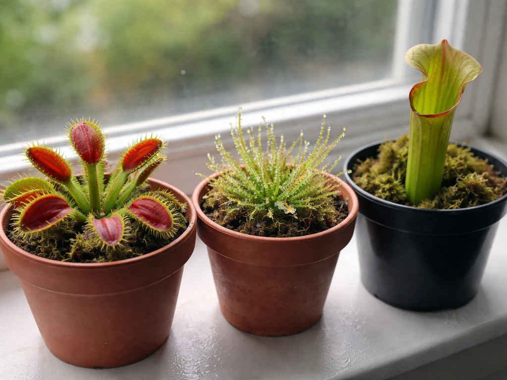 Close-up of several insectivorous plants in separate pots, showing different leaf shapes and textures
