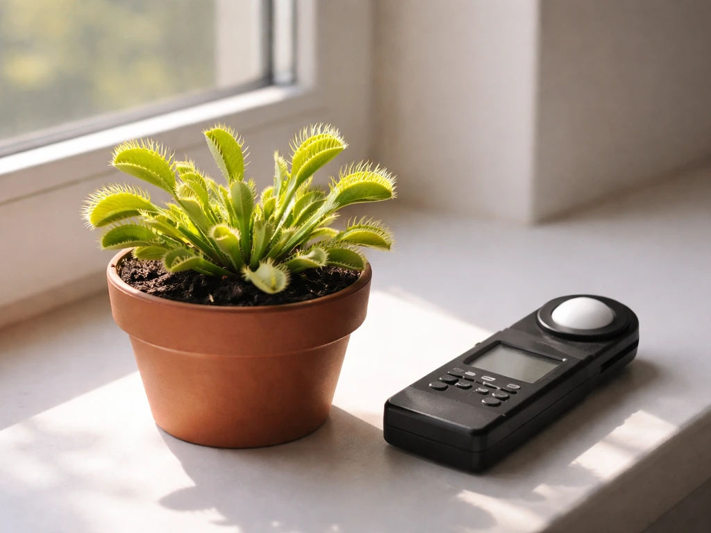 Venus flytrap on a windowsill with a handheld light meter positioned beside it under strong daylight.