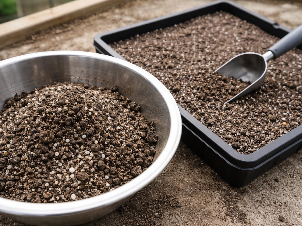 Close-up of nutrient-poor acidic growing medium in a bowl with mineral components and a prepared tray nearby.
