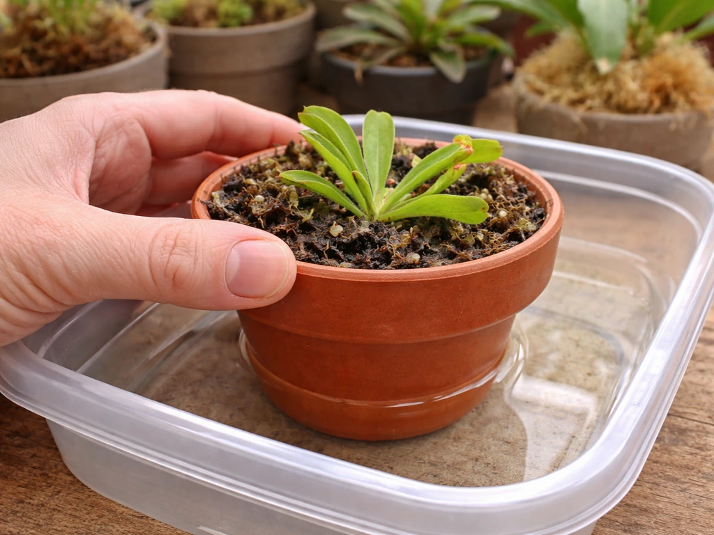 Hand placing a small pot into a shallow tray with clear water at a few millimeters depth.