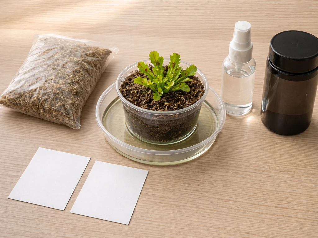 Top-down photo of a Venus flytrap setup: plant in pot, tray, water source, and care checklist cards