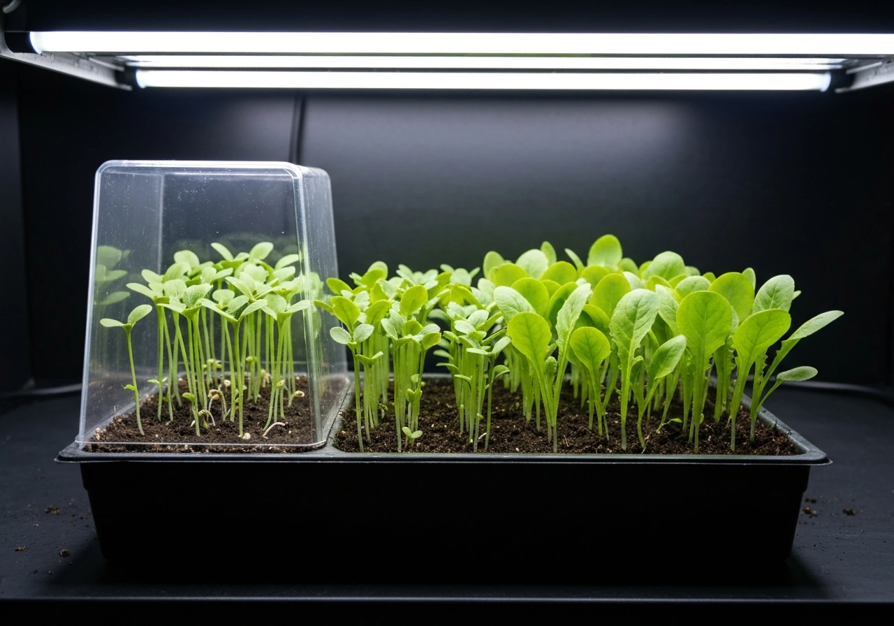 Fast-growing seedlings under bright artificial grow lights, progressing toward harvest-ready greens.