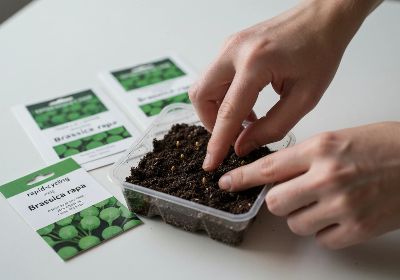 Close-up of rapid-cycling Brassica rapa seed tray setup on a clean work surface