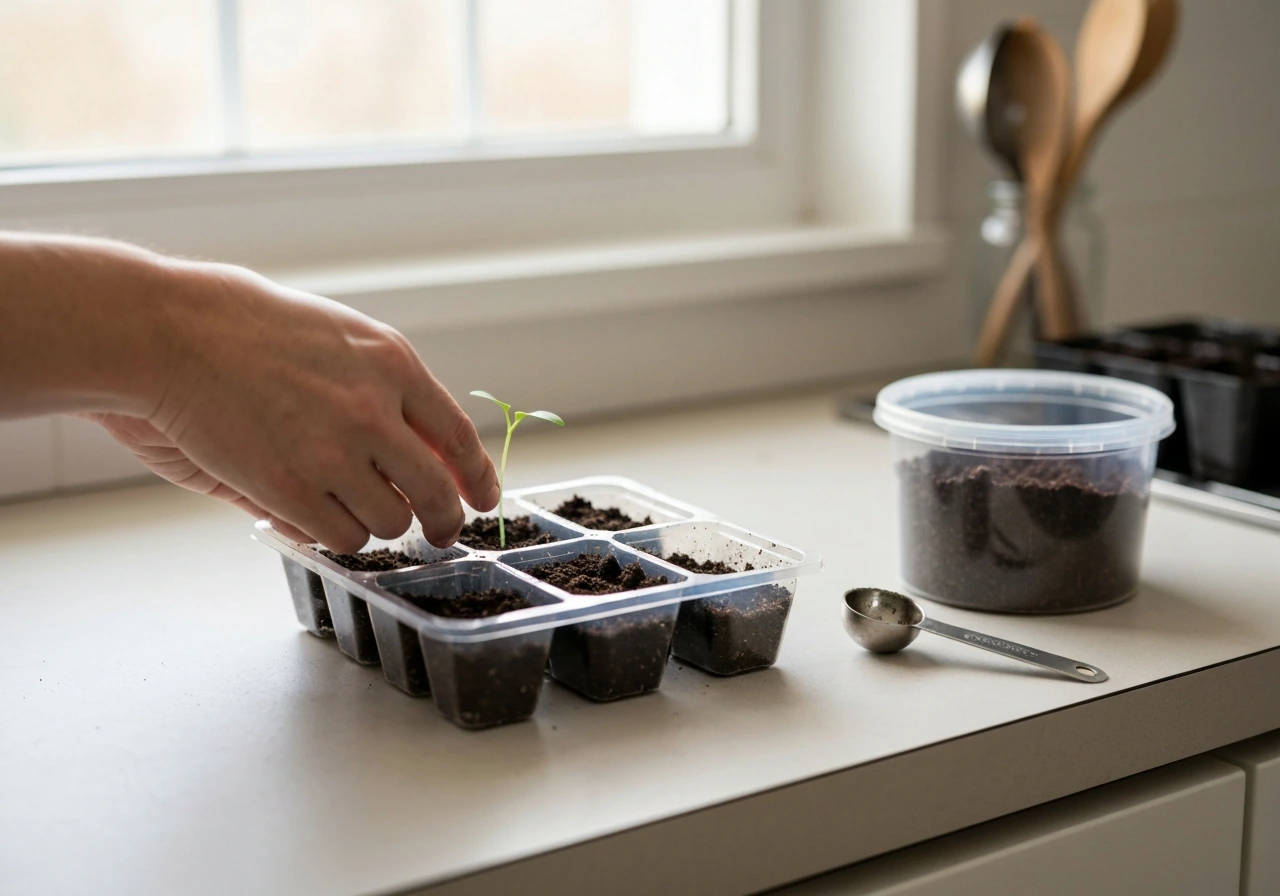 Hands placing seedlings into small quad-cell trays with a measuring spoon, seed-starting setup