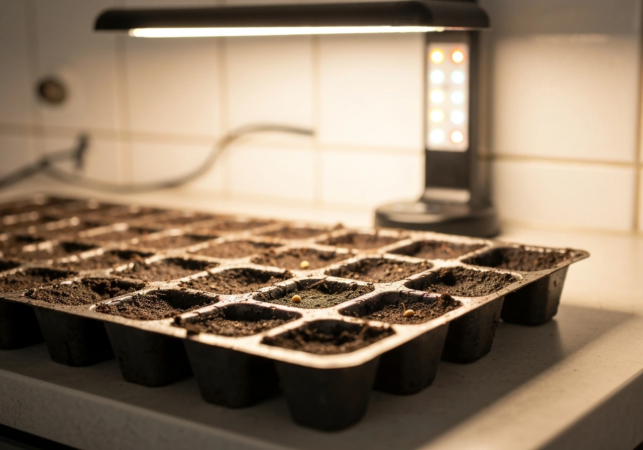 Seed-starting tray with moist medium in cells and a couple seeds placed shallow, grow light on.
