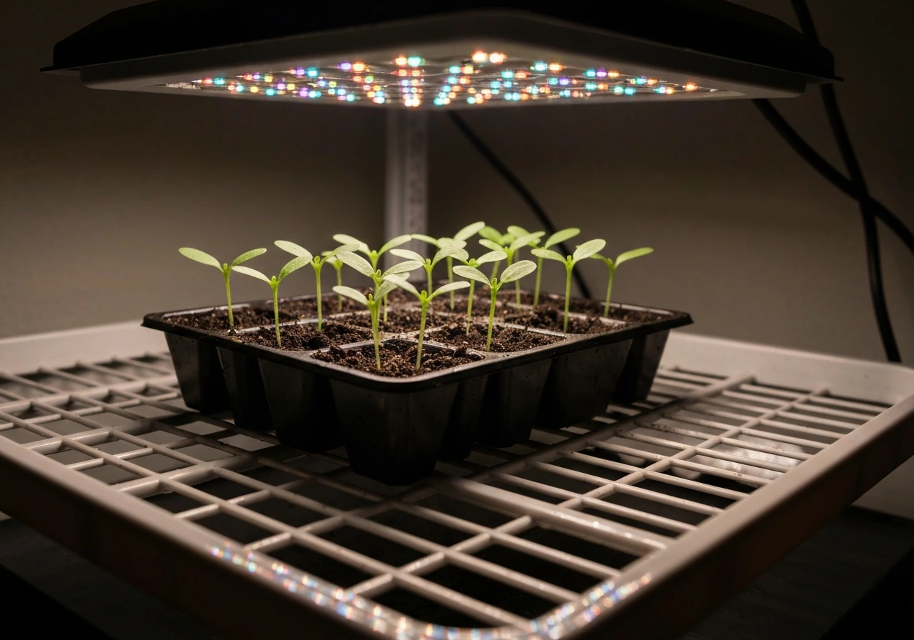 Close-up of seedlings under a running grow light with soft glare and minimal background
