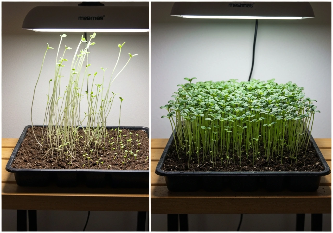 Split view of leggy pale seedlings beside compact healthy seedlings in trays, showing light and care differences.