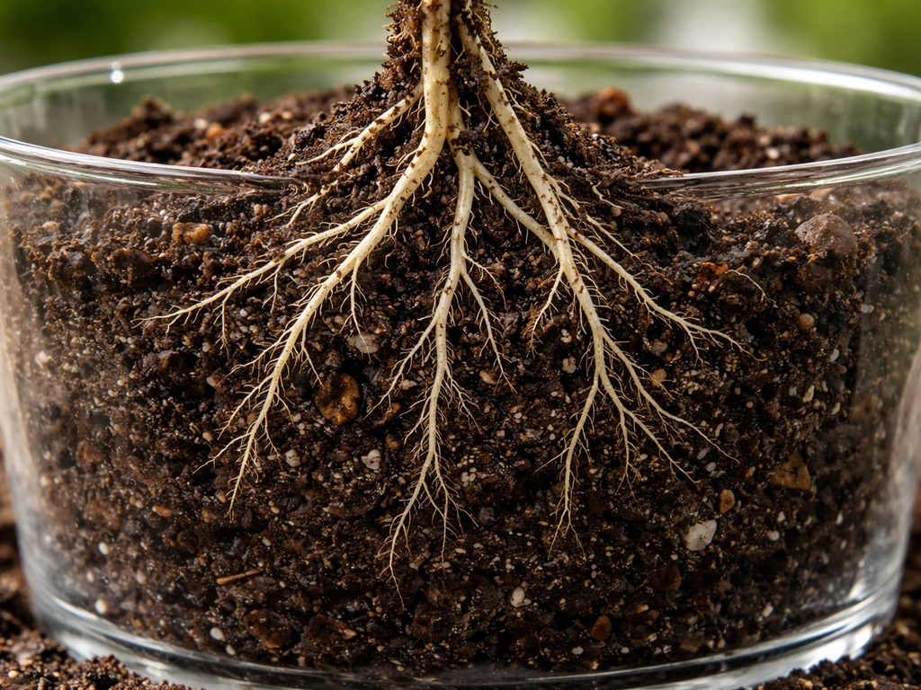 Gardening close-up of healthy white roots growing in a moist, airy soil mix in a clear pot.