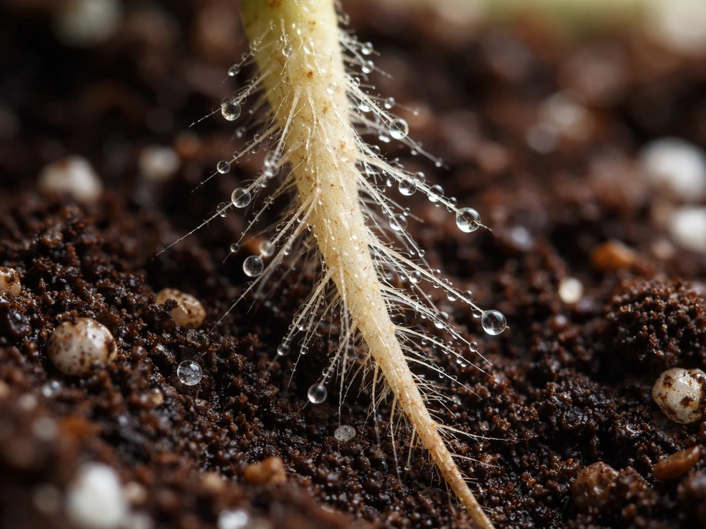 Macro close-up of root hairs on a plant root absorbing moisture from moist soil.