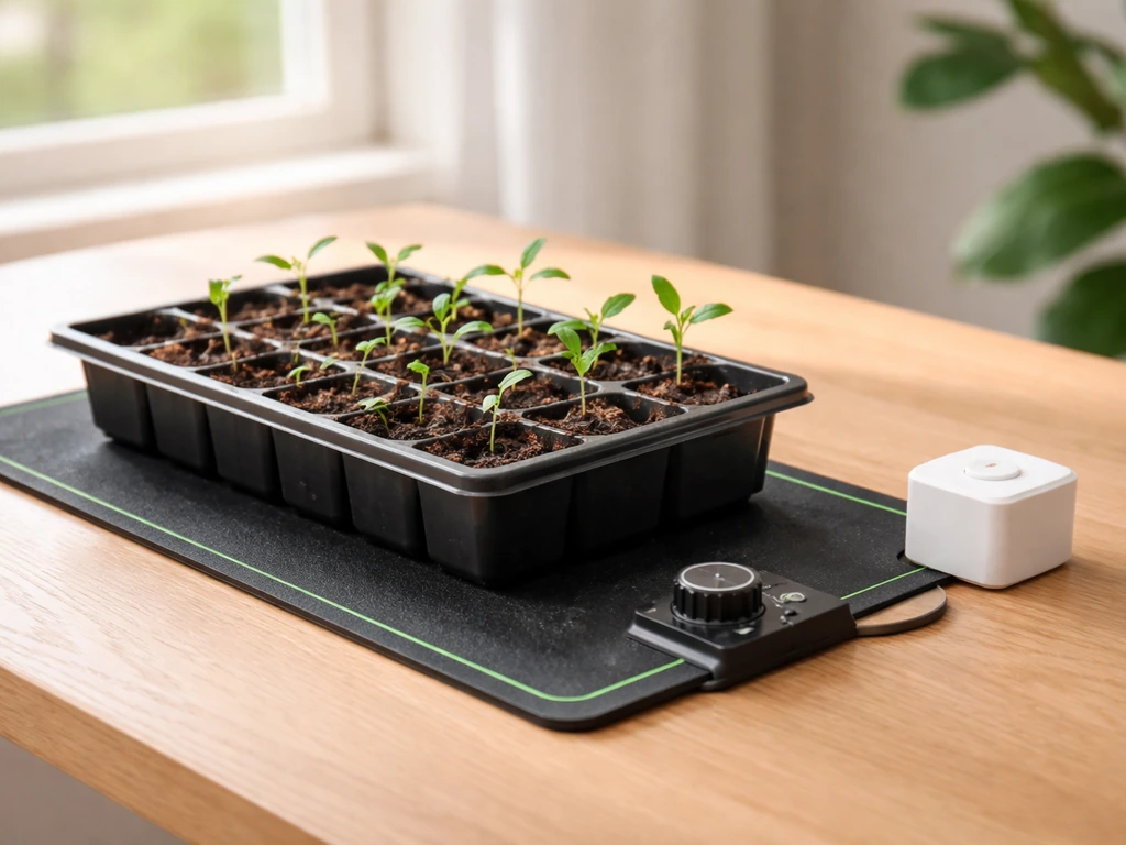 Indoor seedling tray on a heat mat with an analog thermostat and small timing device beside it.