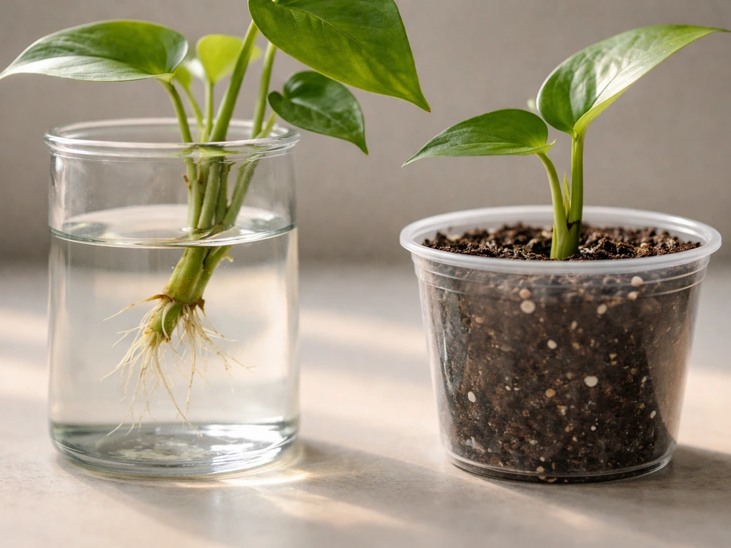 Plant cuttings in a clear water glass showing roots, next to a small container with moist potting mix.