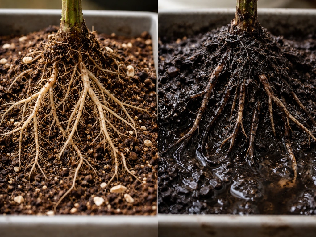 Split view of healthy light, aerated roots and dark mushy overwatered rot roots in soil medium