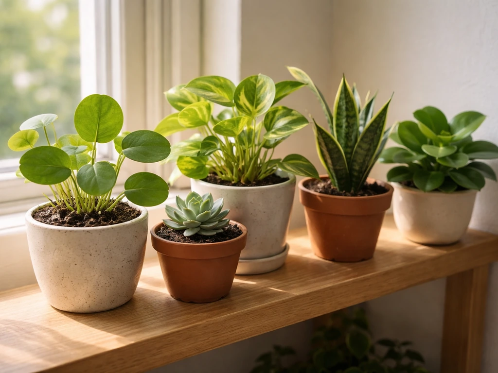 Multiple small potted plants on a narrow indoor shelf thriving in bright window light.