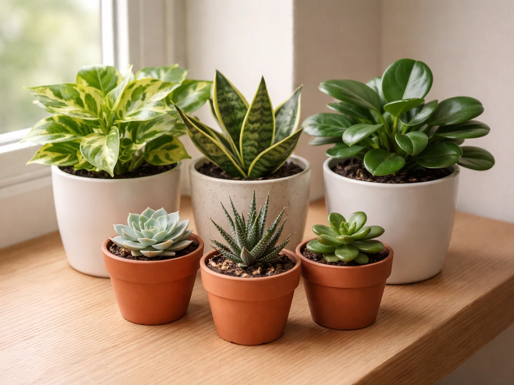 Several compact pet-friendly small indoor plants on a windowsill in soft natural light.