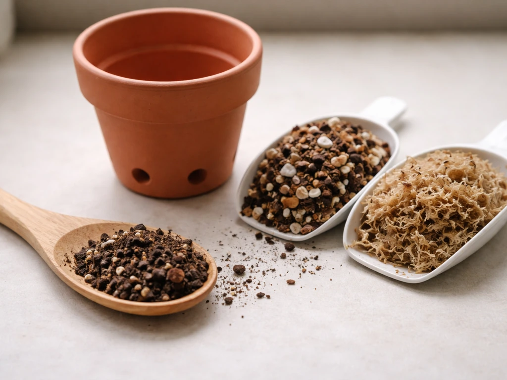 Small plant pot with drainage holes and fresh potting mix, with chunky mix and sphagnum-like medium beside it.