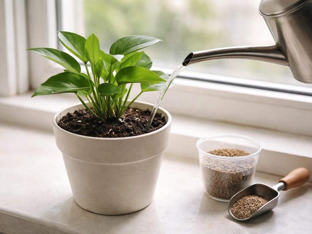 Small indoor plant in a pot being watered from a watering can, with fertilizer scoop nearby on a windowsill.