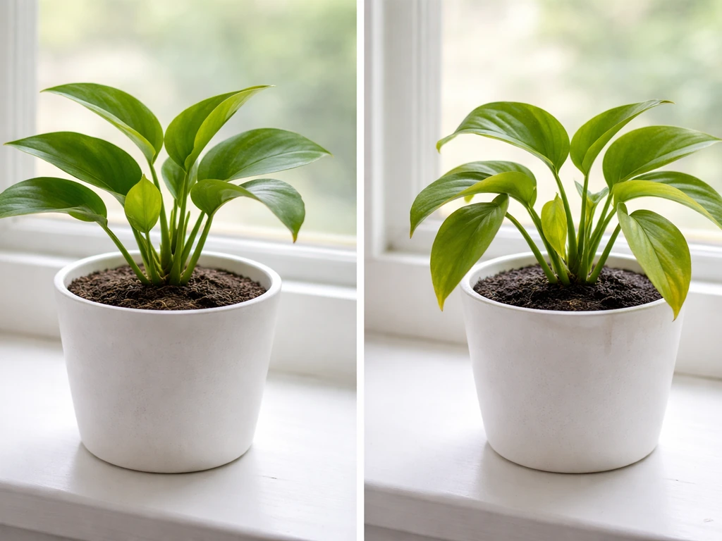 Two small potted houseplants side by side: one with dry soil and crisp leaves, one with soggy soil and limp yellowing le