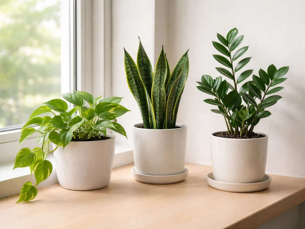 Several beginner-friendly green plants—pothos, snake plant, and ZZ plant—in small pots on a simple windowsill.