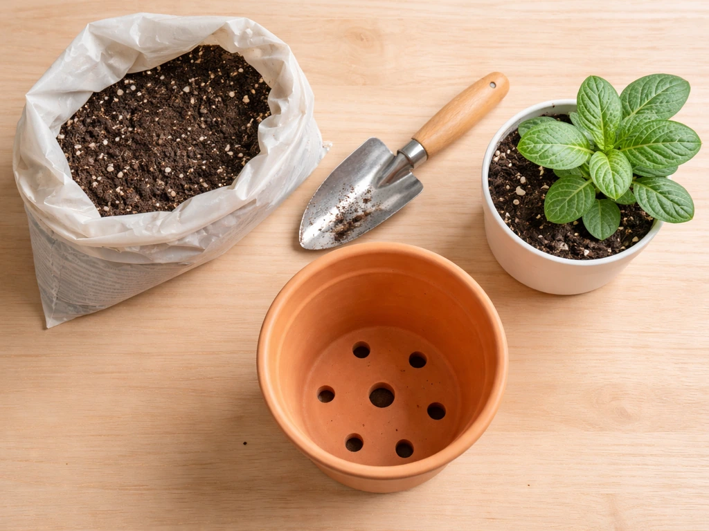 Overhead view of a terracotta pot with drainage holes next to plant and potting materials on a table.