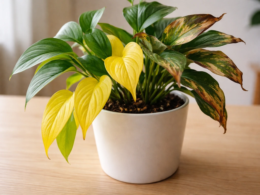 Close-up of an indoor plant showing yellow leaves and brown tips on the same plant.