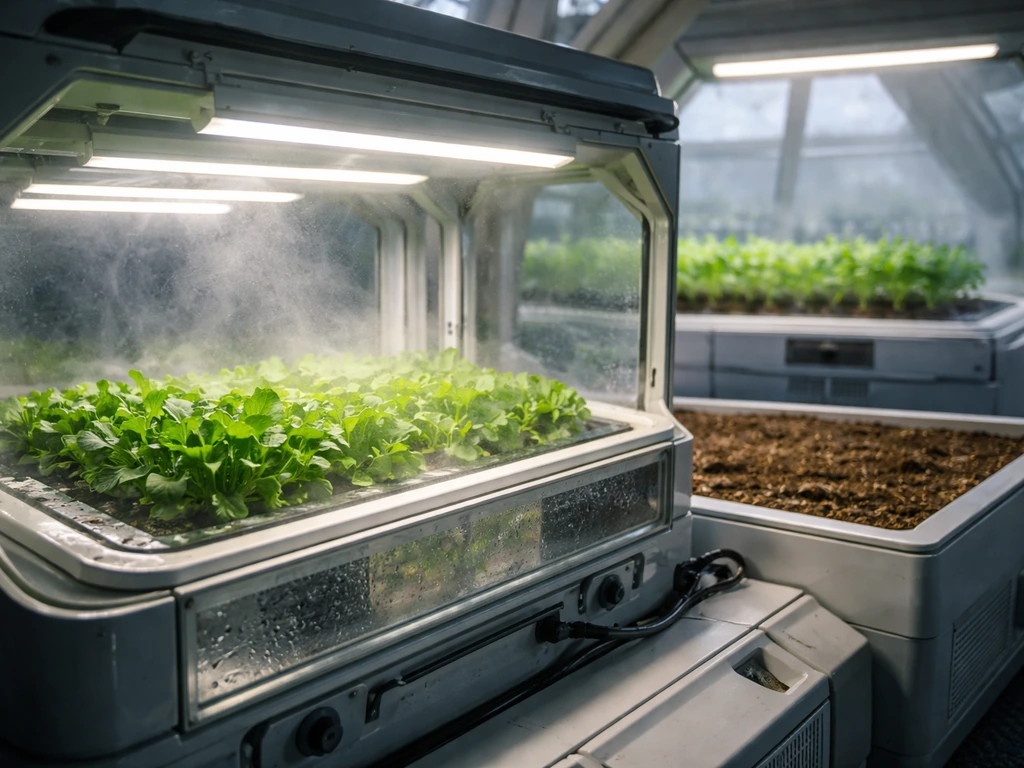 Minimal bio-dome scene comparing hydroponic tray with a small soil planter under grow lights.