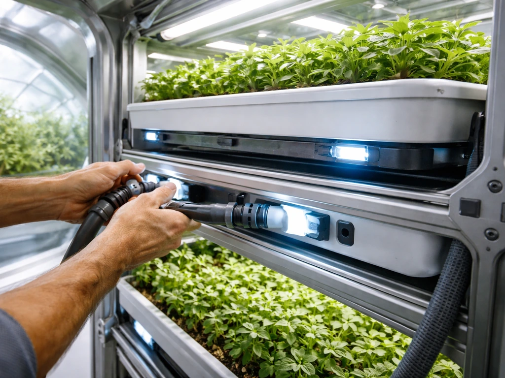 Hands connecting power cables to hydroponic trays and placing them into aligned Bio-Dome slots.