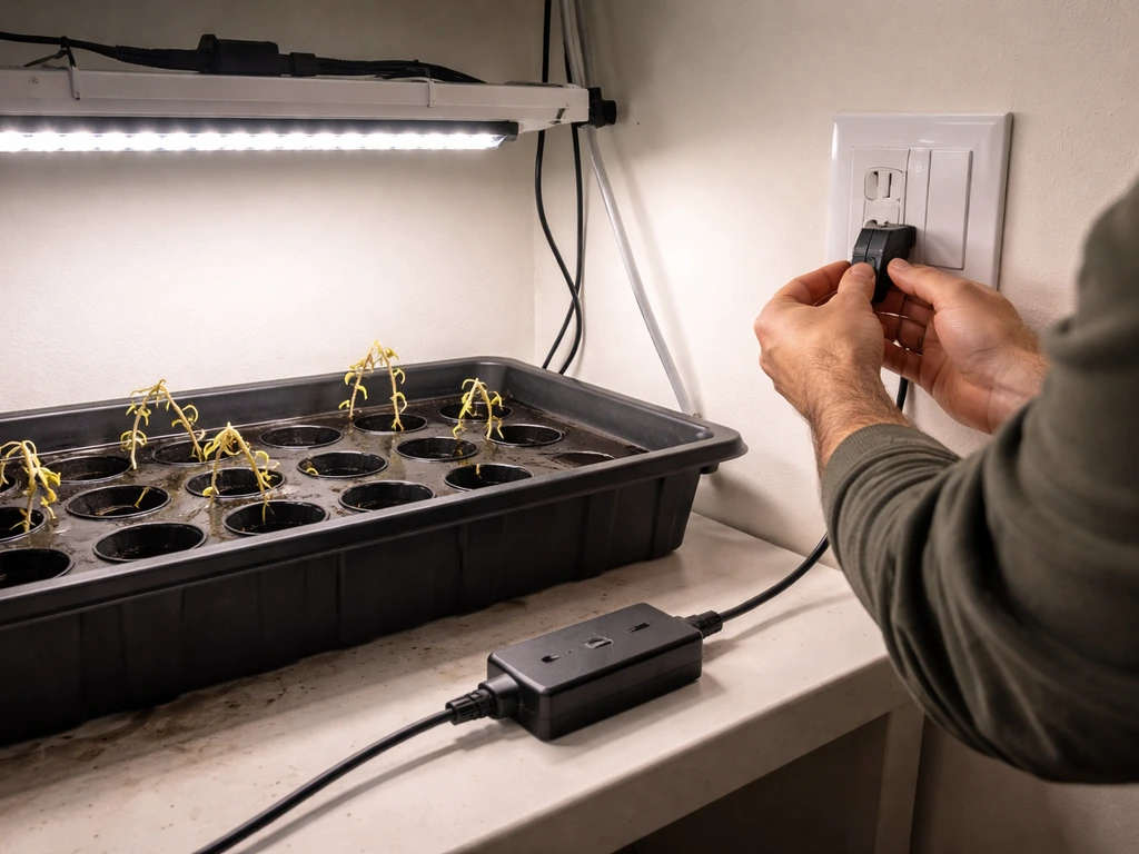 Empty hydroponic trays with a few wilted plants; visible power cables connected to a compact grow light.