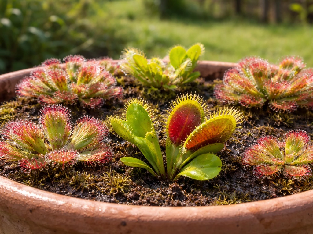 Venus flytrap and sundews growing outdoors in a sunny backyard container, traps and rosettes in clear view