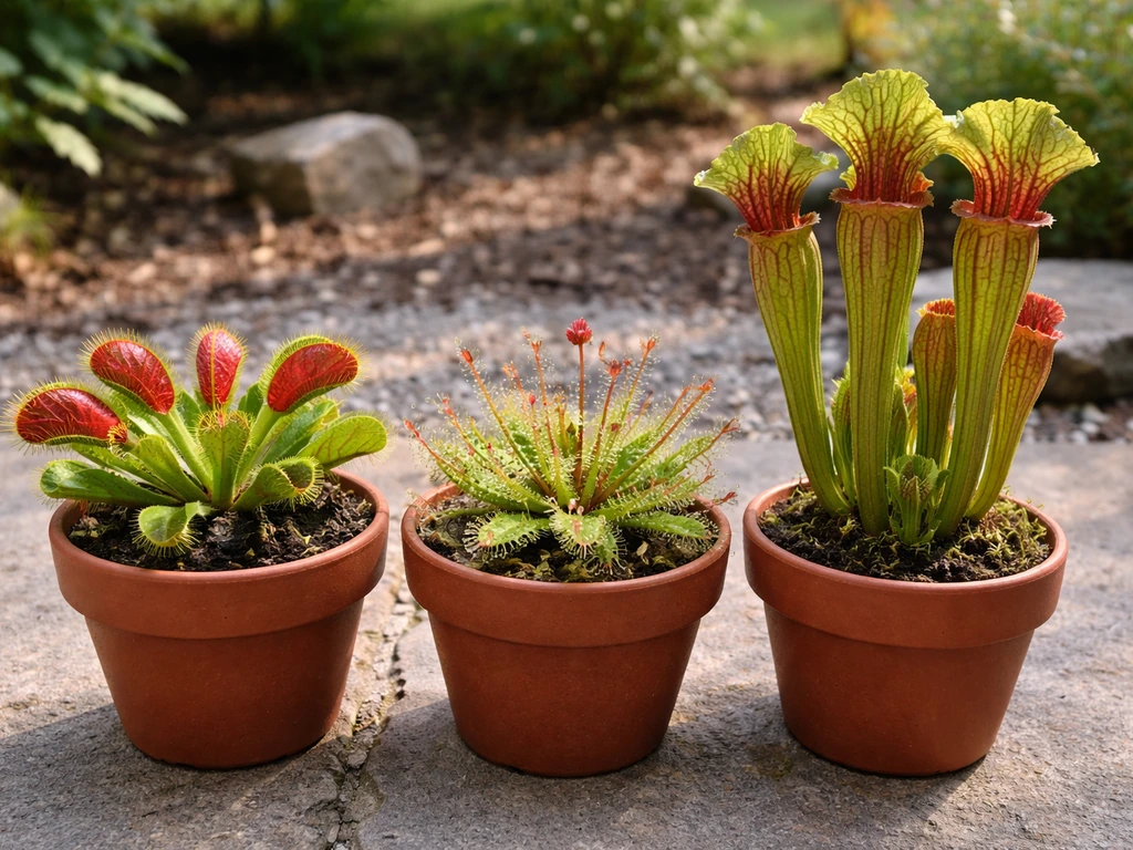 Outdoor tray showing Venus flytrap, sundew, and Sarracenia pitcher plants in separate pots