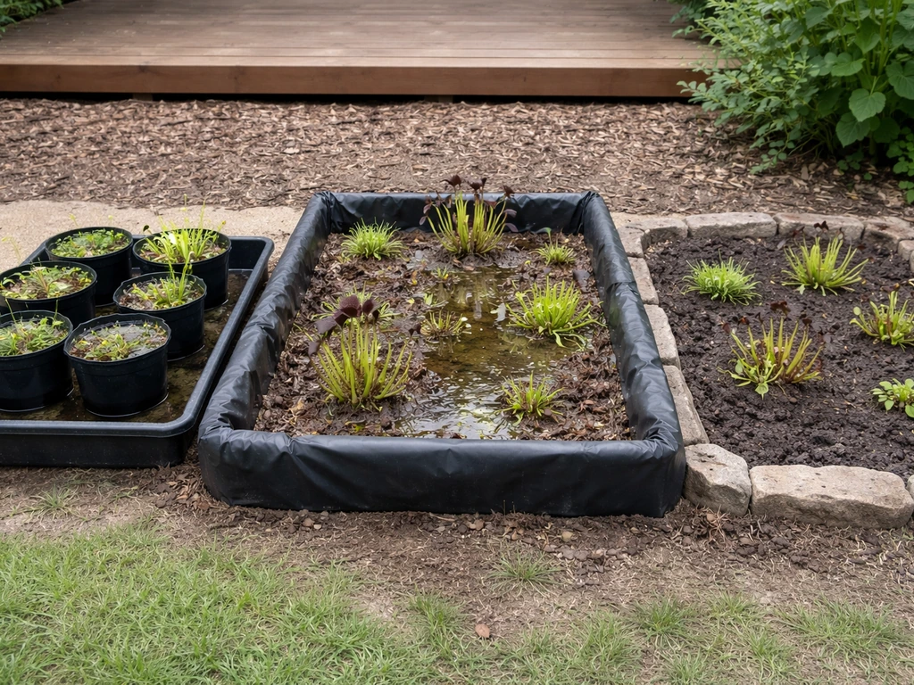 Three distinct outdoor carnivorous-plant setups: pots-in-trays, a raised bog bed, and an in-ground planting area.