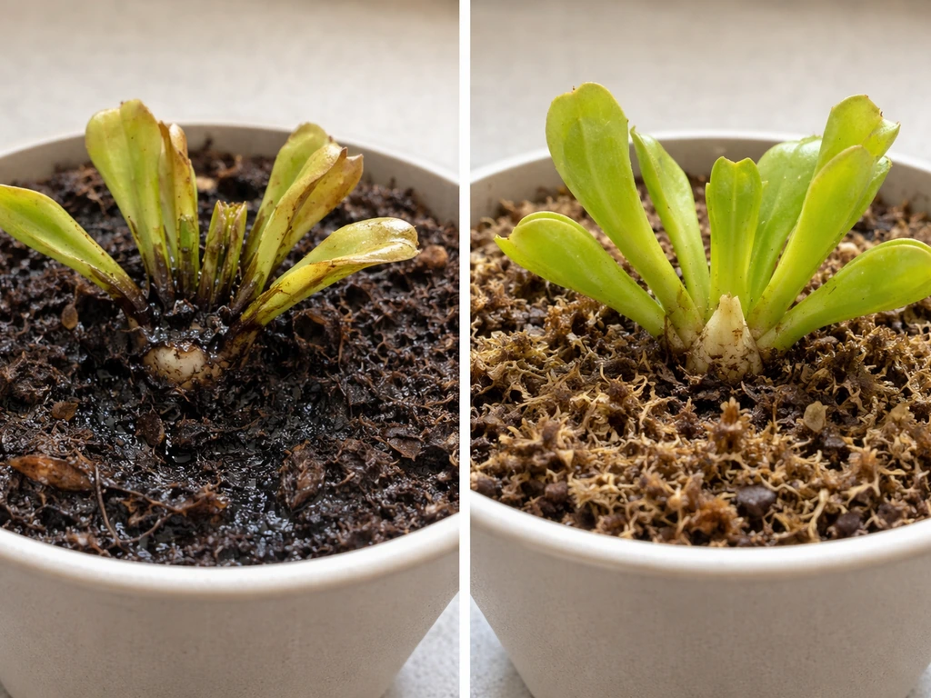 Side-by-side carnivorous plant bases: one rotted and mushy, the other healthy and firm in soil.