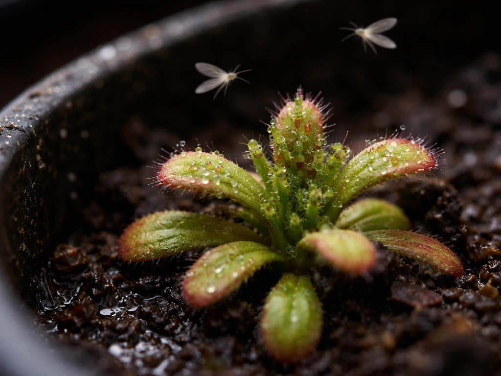 Close-up of aphids on tender plant growth with a few fungus gnats near a damp container.