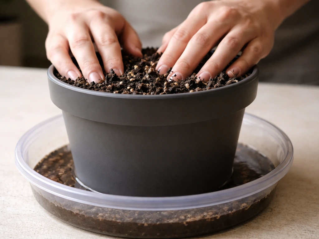 Close-up of an indoor plastic pot sitting in a water tray with hands holding potting media